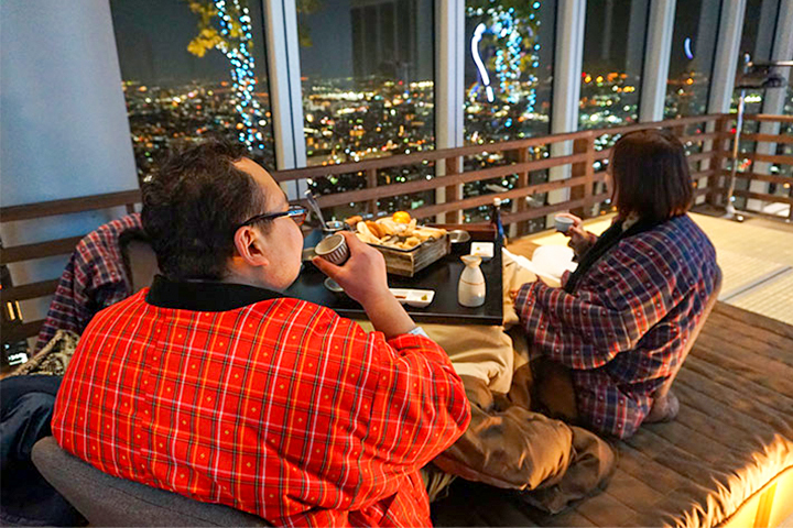 Enjoying the view seated at Kotatsu heated table