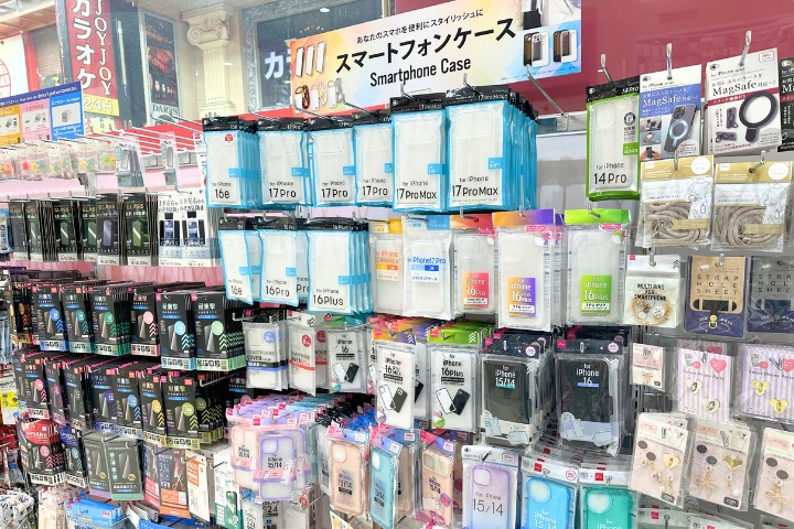 Smartphone accessories at DAISO Shinsaibashi