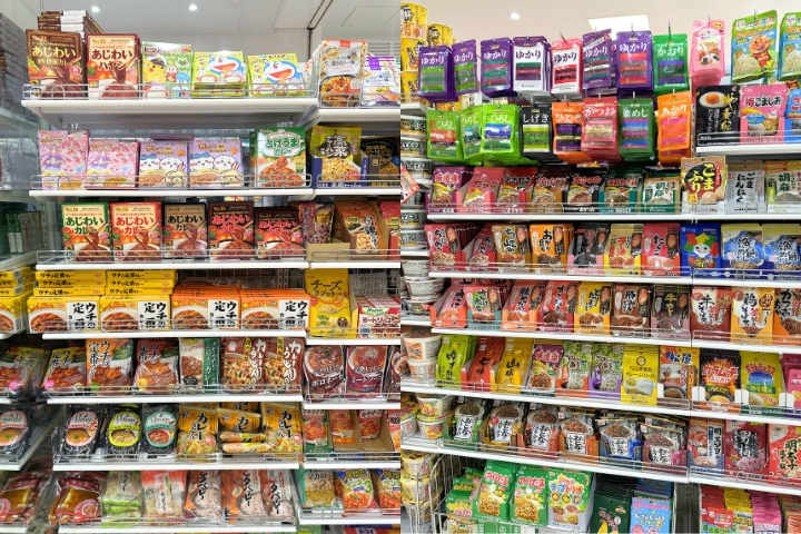 Furikake seasonings and ready-to-eat meals at DAISO Shinsaibashi